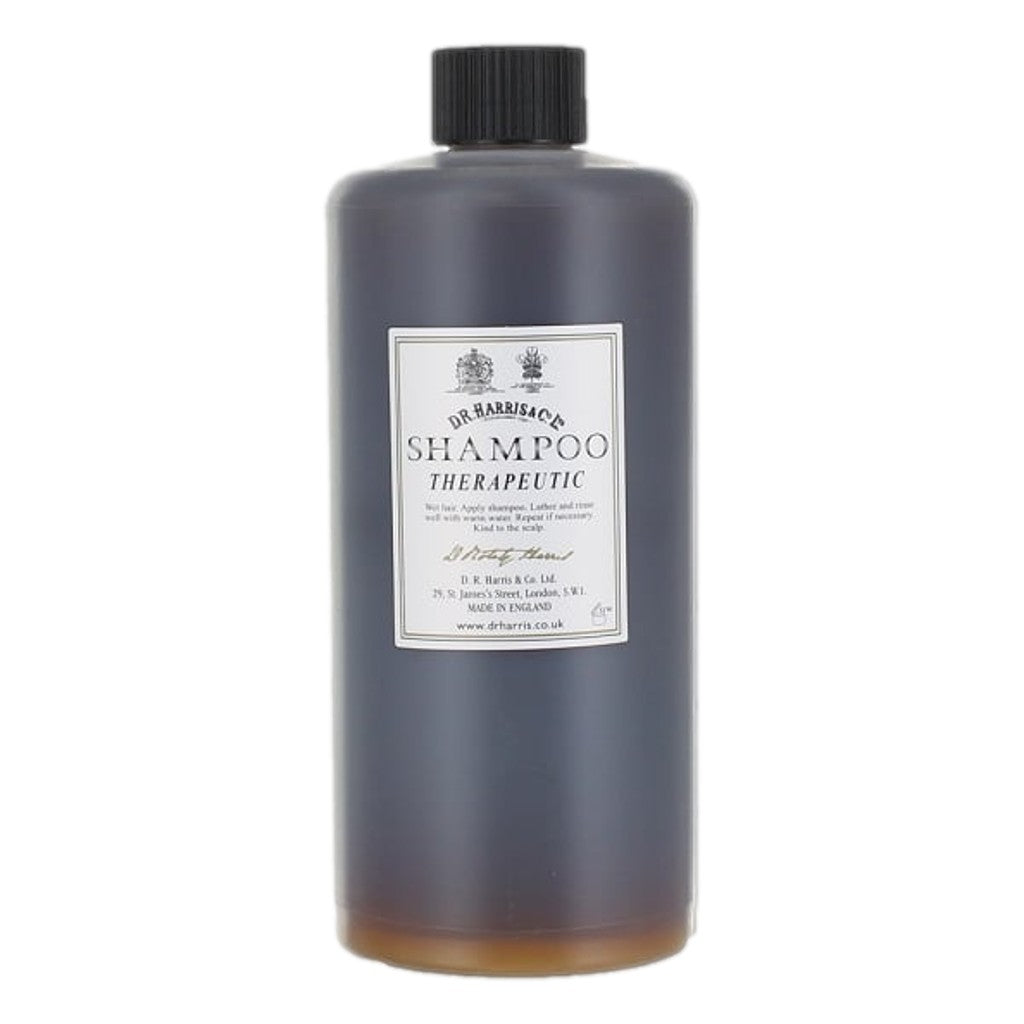 D.R. Harris therapeutic shampoo 600ml bottle with label on a white background