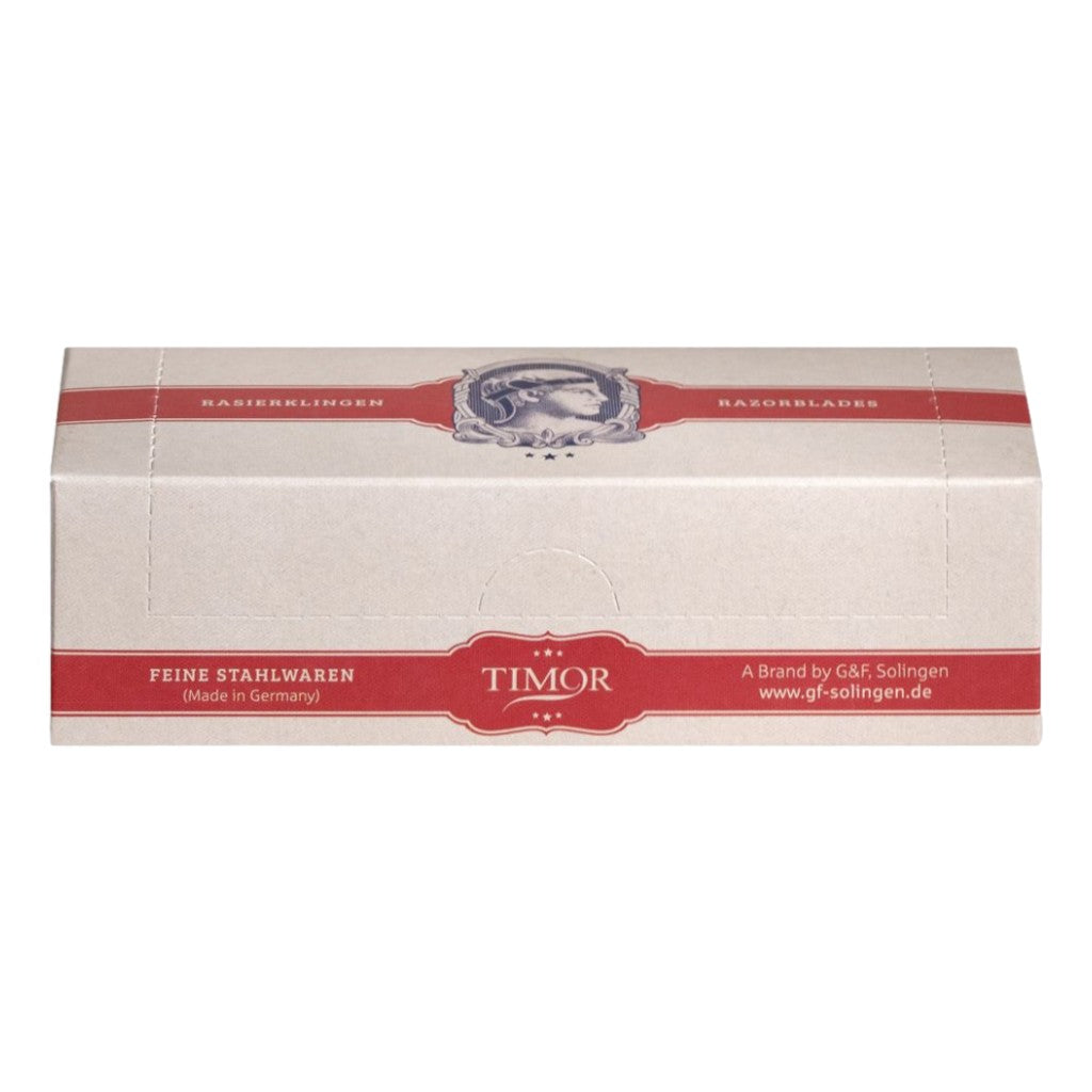 Box of Timor razor blades with red and white design on a white background