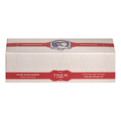 Box of Timor razor blades with red and white design on a white background