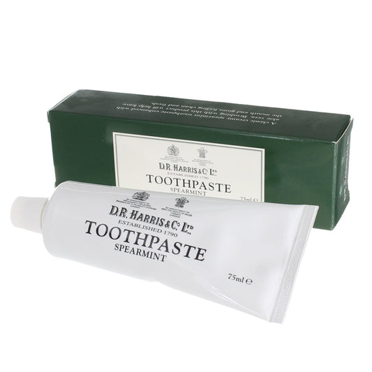 D.R. Harris Spearmint Toothpaste 75ml in a metal tube with aloe vera and spearmint flavour.