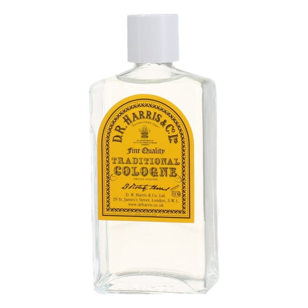 D.R. Harris Traditional Cologne bottle with yellow label on a white background