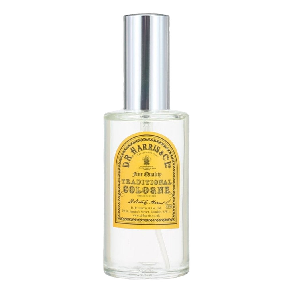 D.R. Harris cologne bottle with a silver cap on a white background