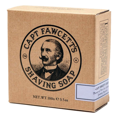 Box of Capt. Fawcett's Shaving Soap with a portrait of a man on the label.