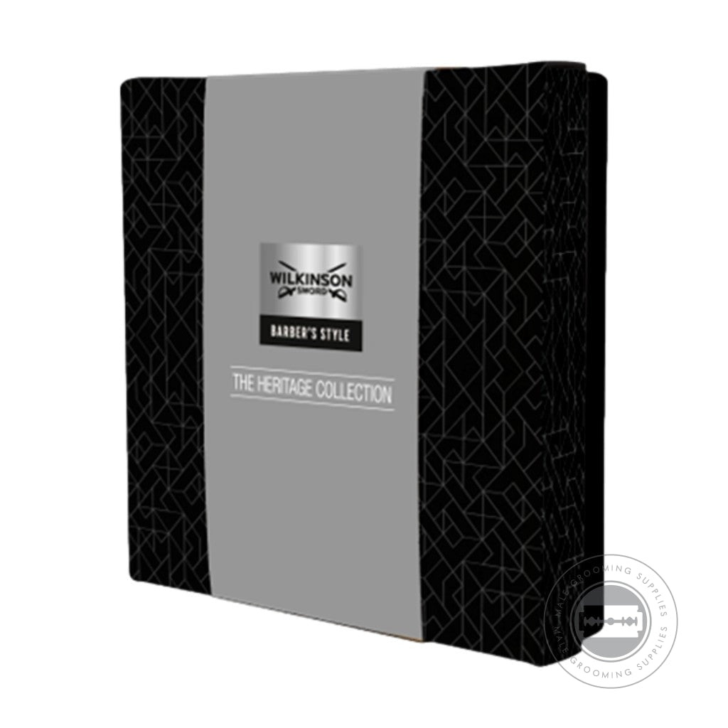 Wilkinson Sword Heritage Collection Gift Set Black And Silver Packaging With Barber’s Style Branding.