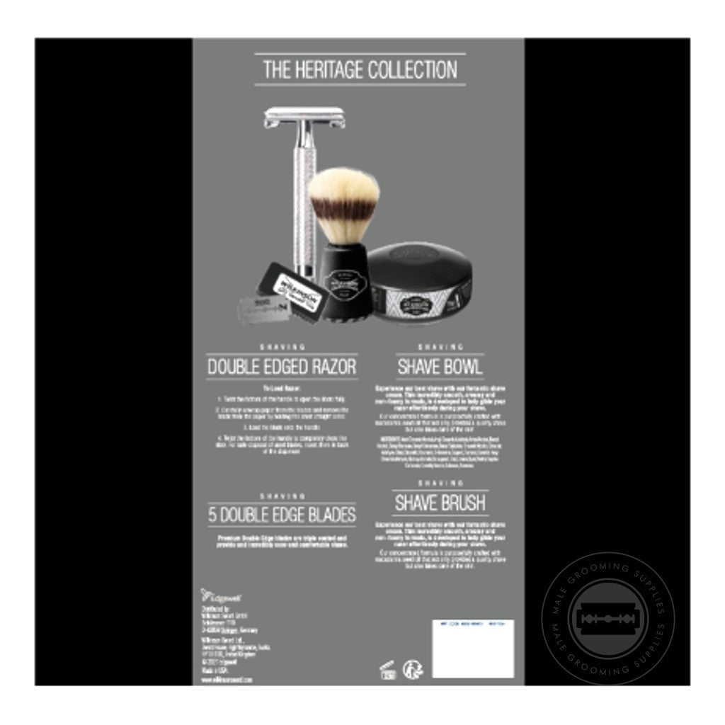 Wilkinson Sword Heritage Collection Gift Set Components Including Razor, Shaving Brush, Blades, And Soap Bowl.