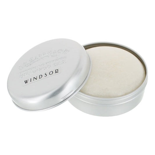 D.R. Harris Windsor Shampoo Bar 50g in aluminium travel tin with refreshing masculine scent.