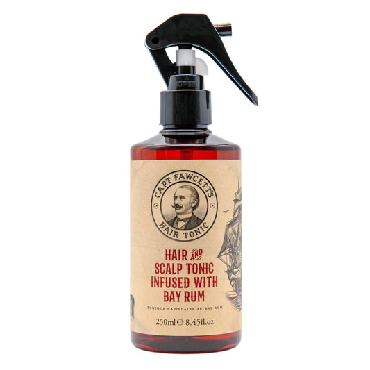 Captain Fawcett Bay Rum Hair Tonic 250ml with spicy woody scent in vintage bottle. Front View.