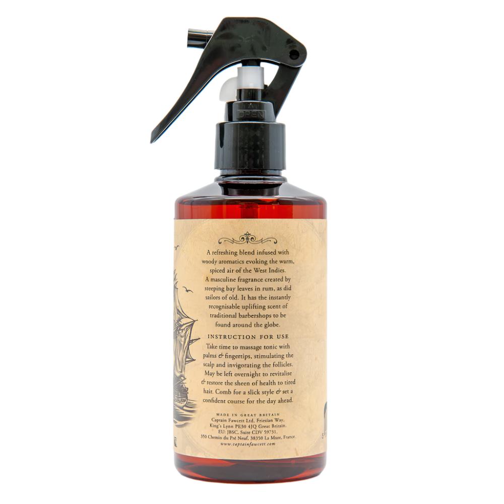 Captain Fawcett Bay Rum Hair Tonic 250ml with spicy woody scent in vintage bottle. Back View.