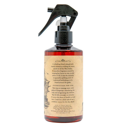 Captain Fawcett Bay Rum Hair Tonic 250ml with spicy woody scent in vintage bottle. Back View.