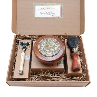 Captain Fawcett Scapicchio Shaving Gift Set with soap, brush, and safety razor in a luxury wooden box