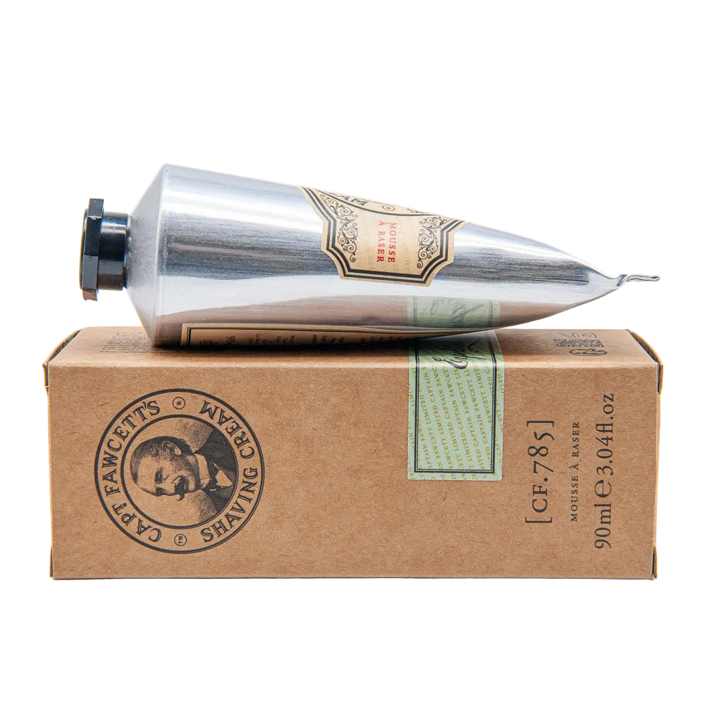 Silver tube of shaving cream on a cardboard box with Captain Fawcett's branding.
