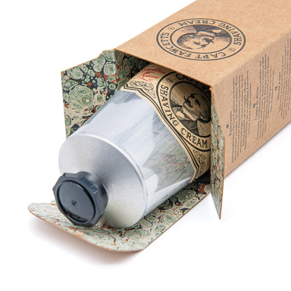 Shaving cream can with vintage-style packaging on a white background
