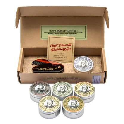 Captain Fawcett Moustache Wax And Folding Pocket Comb Set With Six Fragrance Options