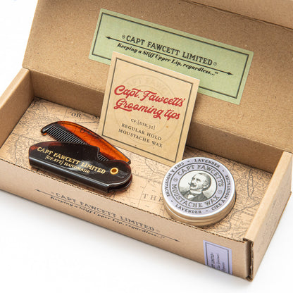 Captain Fawcett Lavender Moustache Wax And Folding Pocket Comb Set.