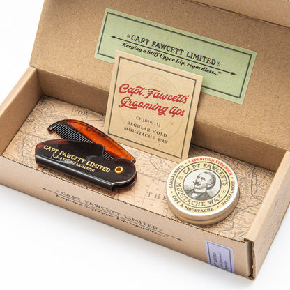 Captain Fawcett Expedition Strength Moustache Wax And Folding Pocket Comb Set.
