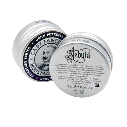 Two small containers of John Petrucci Capt. Fawcett Nebula moustache wax on a white background