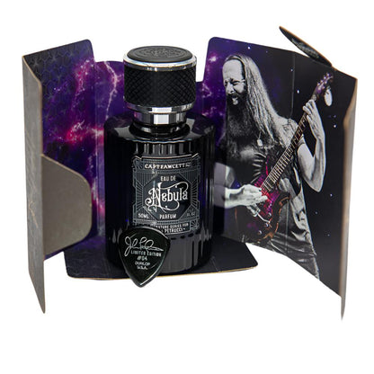Perfume bottle with a guitar player on the packaging