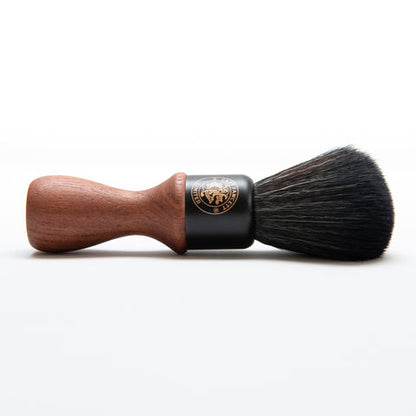 Shaving brush with wooden handle and black bristles on a white background