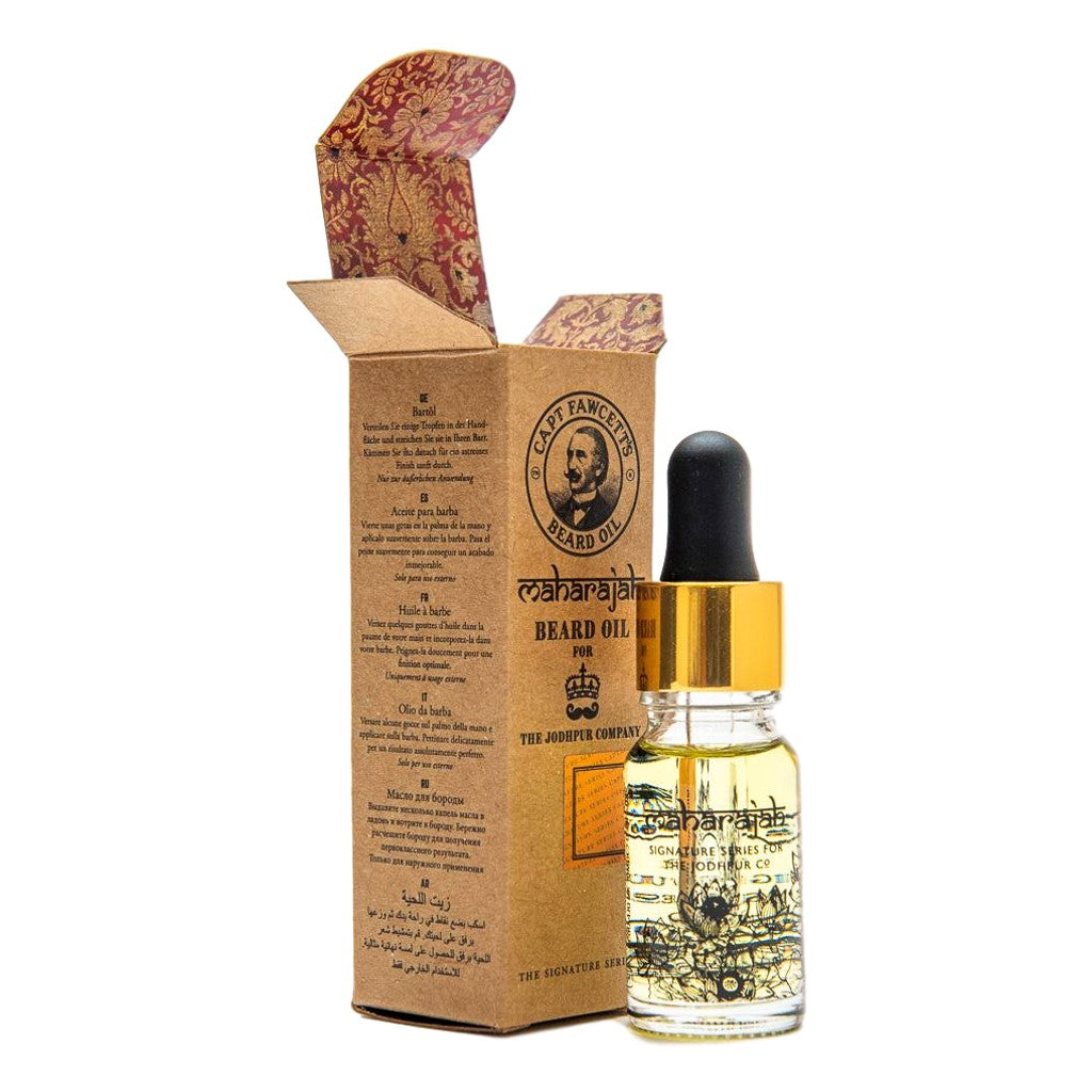 Bottle of beard oil with packaging on a white background. Captain Fawcett Maharajah Beard Oil 10ml With Exotic Rose And Spice Scent