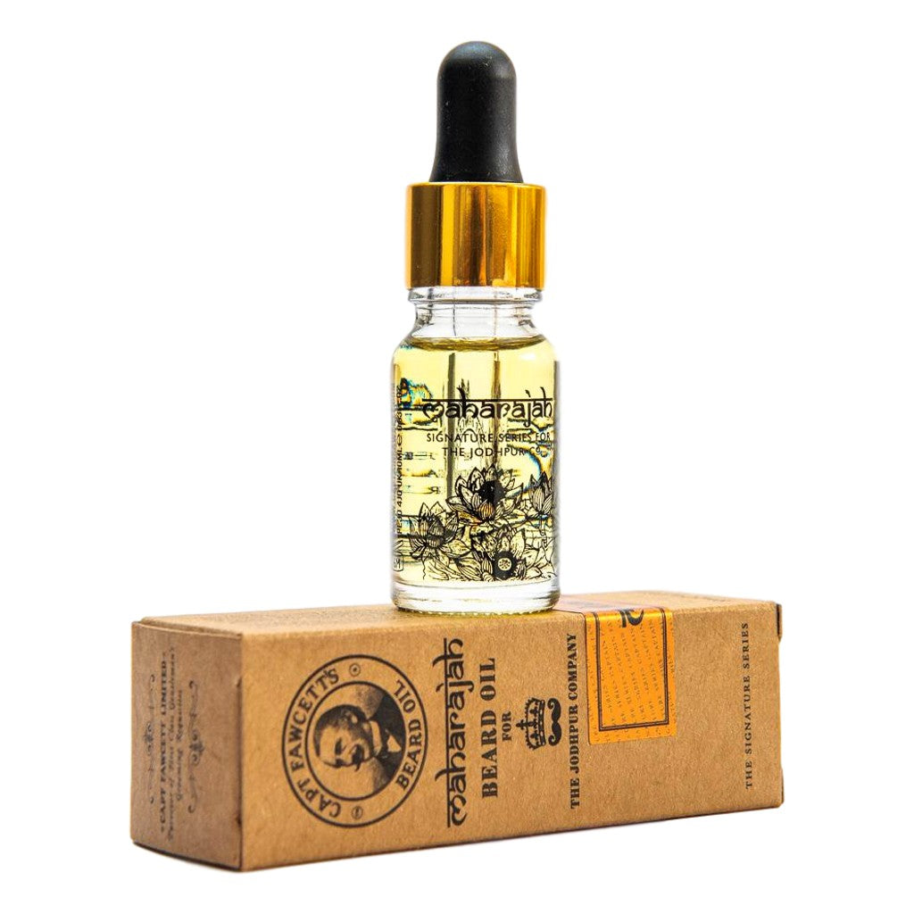 Bottle of beard oil with dropper on a cardboard box with branding - Captain Fawcett Maharajah Beard Oil 10ml With Exotic Rose And Spice Scent